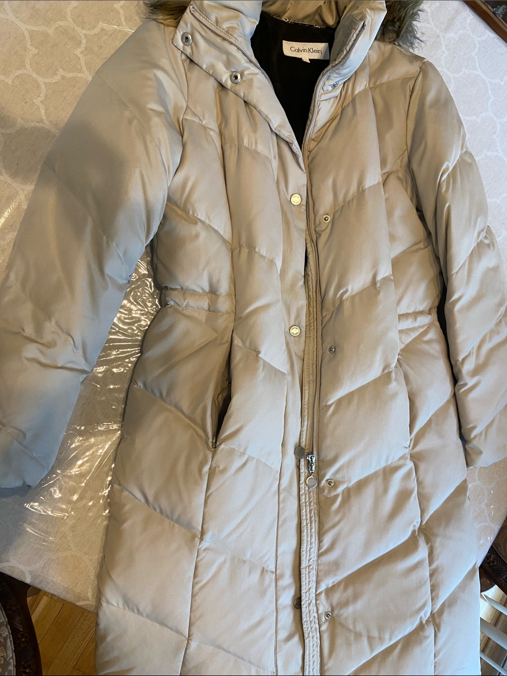 Calvin Klein Women's Light Taupe Quilted Long Puffer Coat